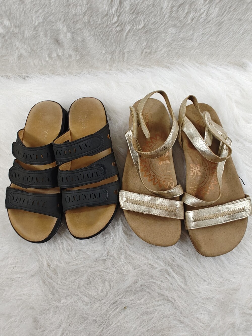 2 Pairs Bundle Taryn Rose Taylor Black Slides & Aetrex Gold Sandals Women   7.5